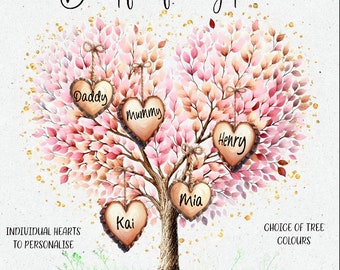 May include: A pink and brown watercolor family tree with wooden heart-shaped ornaments. The hearts are labeled "Daddy", "Mummy", "Henry", "Mia", and "Kai".