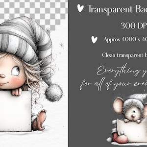 May include: A digital illustration of a whimsical character with messy hair wearing a striped hat with a pom-pom, holding a blank rectangular sign. The image includes text stating Transparent Background, 300 DPI, Approx 4000 x 4000 Pixels.