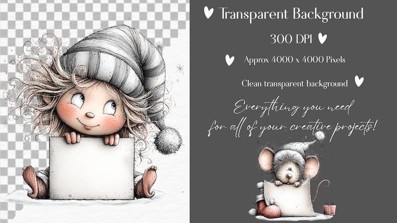 May include: A digital illustration of a whimsical character with messy hair wearing a striped hat with a pom-pom, holding a blank rectangular sign. The image includes text stating Transparent Background, 300 DPI, Approx 4000 x 4000 Pixels.