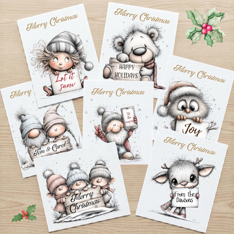 May include: A collection of six white Christmas greeting cards featuring whimsical illustrations of characters including a child, a bear, gnomes, an owl, and a reindeer, each holding a sign with holiday text like Let it snow, Joy, and Merry Christmas.