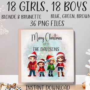 Simpatica clipart di famiglia chibi di Natale. 18 bambole per ragazze, 18 bambole per ragazzi. Aggiunte opzioni per capelli rossi e neri. Download istantaneo. 48 PNG. Sublimazione,stampa