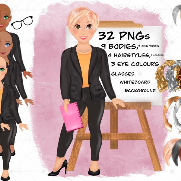 Cute Female teacher doll clipart. 33 PNGs, choice of hair styles and colours, includes backgrounds and whiteboard. Sublimation, Print.