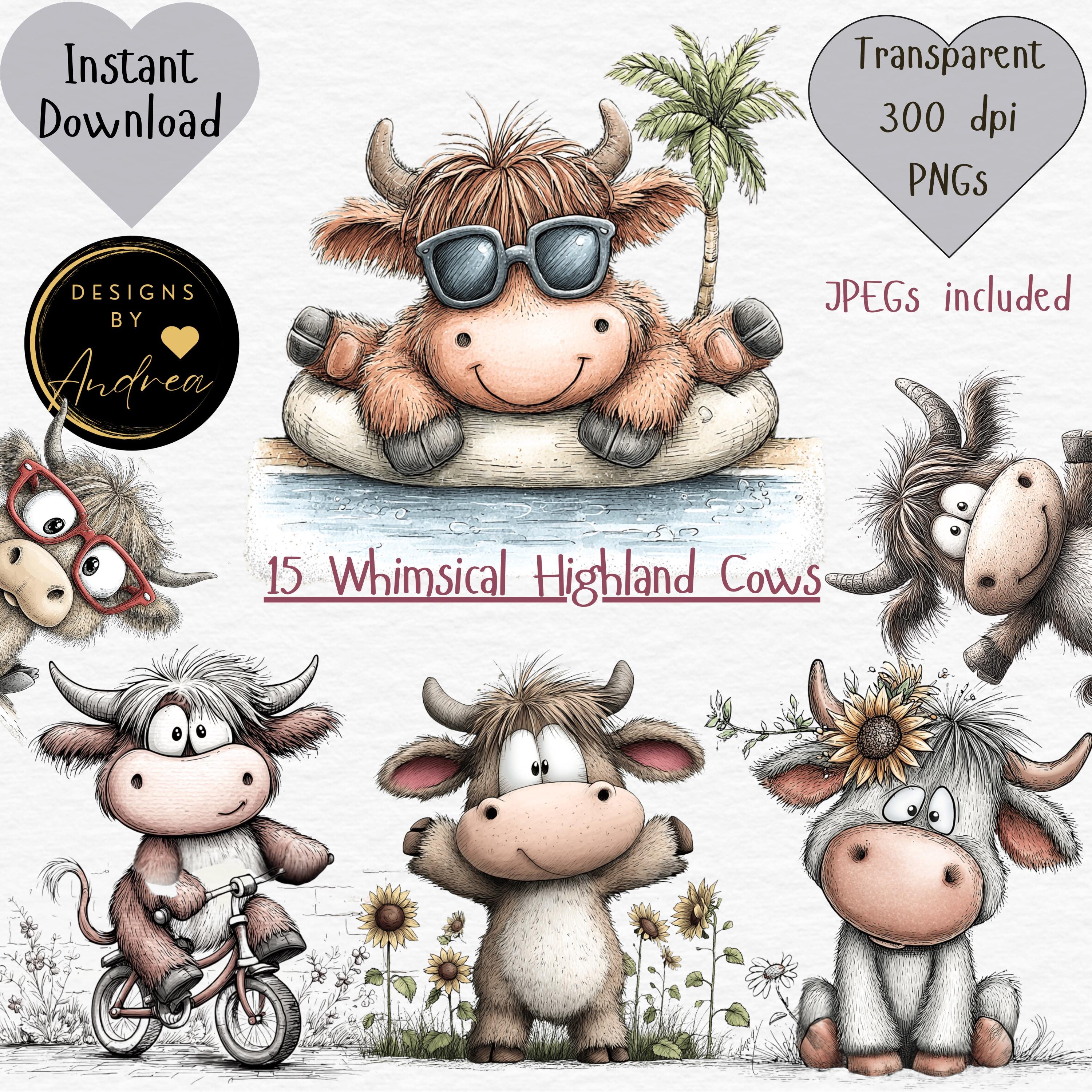Whimsical Highland Cow Clipart Bundle | 300 DPI Transparent PNG + Jpegs ...