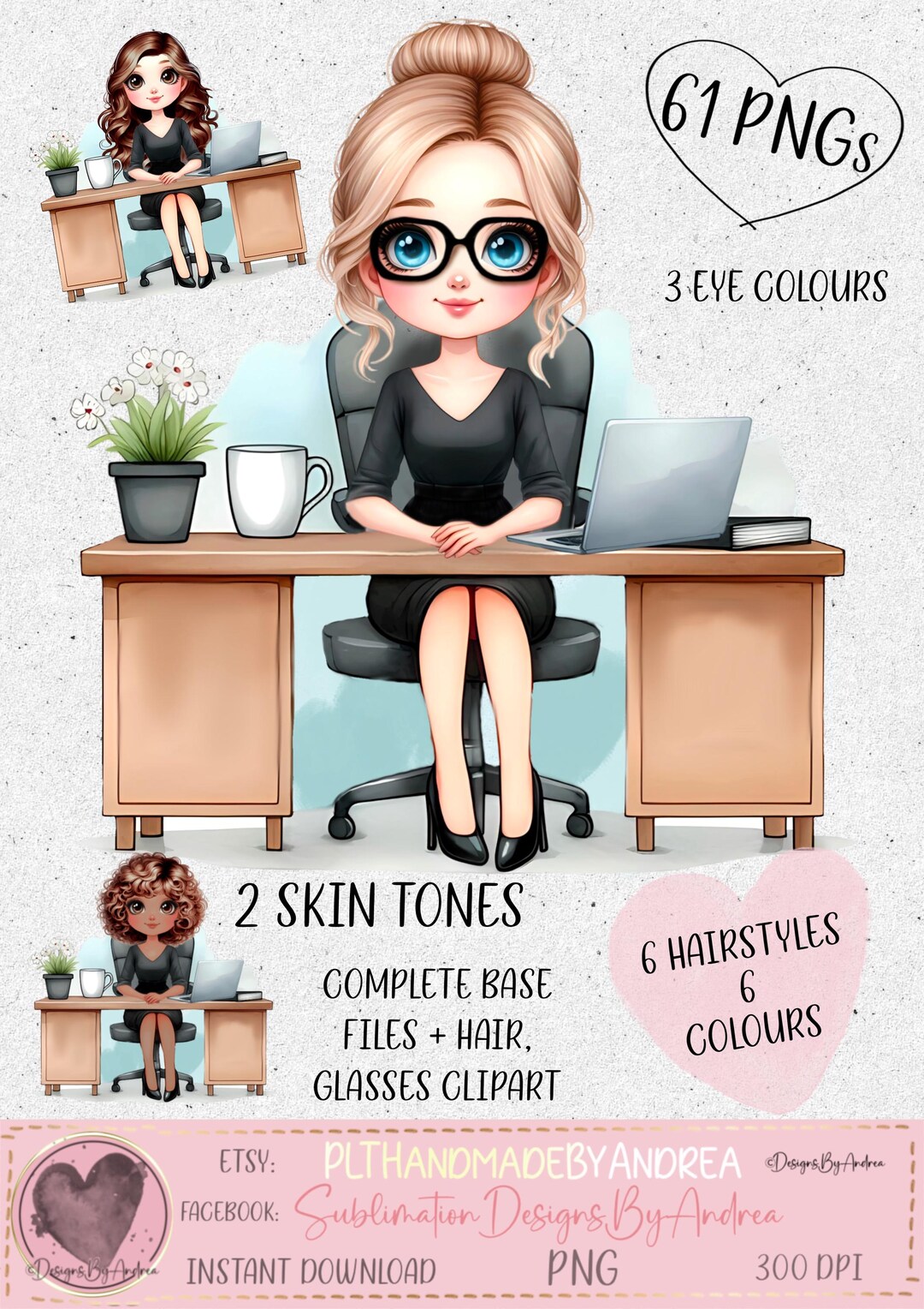 Office Girl Chibi Clipart, PNG Files, Hair & Glasses (digital Download ...