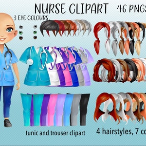 Enfermeras clipart Muñeca Chibi, 4 peinados-7 colores, ojos, túnica y pantalón clipart. 46 PNG, Sublimación o impresión. Descarga instantánea.