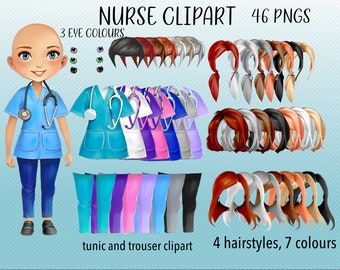 Krankenschwester Chibi Doll Clipart: Anpassbare Frisuren und Uniformen (46 PNGs) (Instant Download)
