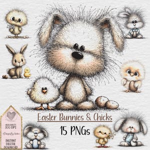 Può includere: Un'illustrazione con adorabili coniglietti e pulcini pasquali. L'immagine presenta un grande coniglio, diversi coniglietti e pulcini più piccoli e due uova di Pasqua decorate. Il testo recita "Easter Bunnies & Chicks" e "15 PNGs".