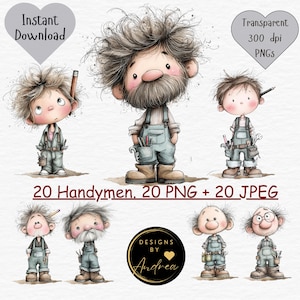Puede incluir: Ilustraciones en acuarela de caricaturas de hombres de mantenimiento con monos, sosteniendo herramientas y lápices. La imagen incluye el texto "Instant Download", "Transparent 300 dpi PNGs", y "20 Handymen. 20 PNG + 20 JPEG". También hay un logotipo con el texto "Designs by Andrea".