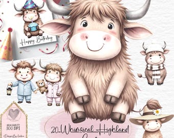 May include: Digital illustration of whimsical Highland cows in various poses. One cow holds a cupcake, another wears pajamas, and one is wearing a hat. The text "Happy Birthday" is visible, along with "20 Whimsical Highland Cows."
