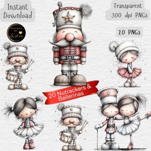 May include: A digital collection of 20 illustrations featuring nutcracker soldiers and ballerinas in red, white, and grey tones. The characters include nutcrackers with drums, ballerinas in tutus, and a central nutcracker figure with a star hat.