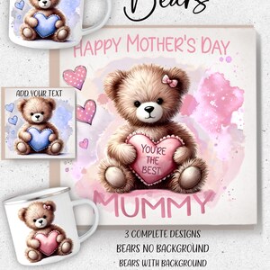 Hermosos ositos de peluche. Ideales para el Día de la Madre, San Valentín. 6 archivos completos para tarjetas, además de ositos con y sin fondo. 12 PNG