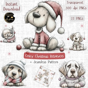May include: A digital collection of illustrations featuring golden retriever puppies in Christmas attire, including Santa hats, scarves, and sweaters with the text Bah Humbug. The set includes 21 transparent PNG files and a seamless pattern.