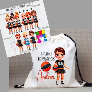 Bonecos Chibi do time de netball. 32 PNG. 9 bonecos. 3 estilos de cabelo cada um com 3 cores. Escolha da cor dos olhos. Kit adicional, acabamentos, letras de posição