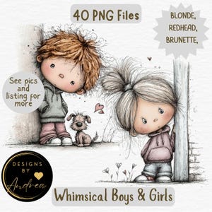 Puede incluir: Ilustración digital caprichosa de dos niños de dibujos animados, un niño pelirrojo y una niña rubia, apoyados en una pared. Un perro pequeño está entre ellos. La imagen incluye el texto "40 PNG Files" y "Whimsical Boys & Girls."