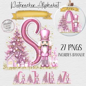 Puede incluir: Un diseño digital con un tema de alfabeto Cascanueces rosa. El diseño incluye una letra "S" rosa con un soldado cascanueces, un árbol de Navidad y una pancarta que dice "Nutcracker Alphabet". El diseño también incluye el texto "27 PNGS INCLUDES BANNER".