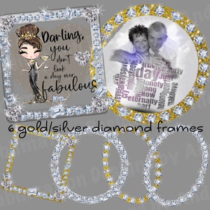 Peut inclure: Six cadres en diamant or et argent avec une finition scintillante. Les cadres sont de formes différentes, y compris des cercles et des carrés. Les cadres sont parfaits pour ajouter une touche d'éclat à vos photos ou à vos œuvres d'art.