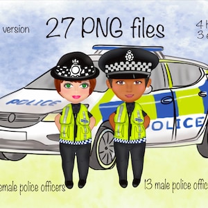 Notdienst; Polizistin Chibi Püppchen. 13 männlich, 13 weiblich mit Polizeiauto. 27 PNG-Dateien. Sublimation oder Druck. Sofortiger Download.
