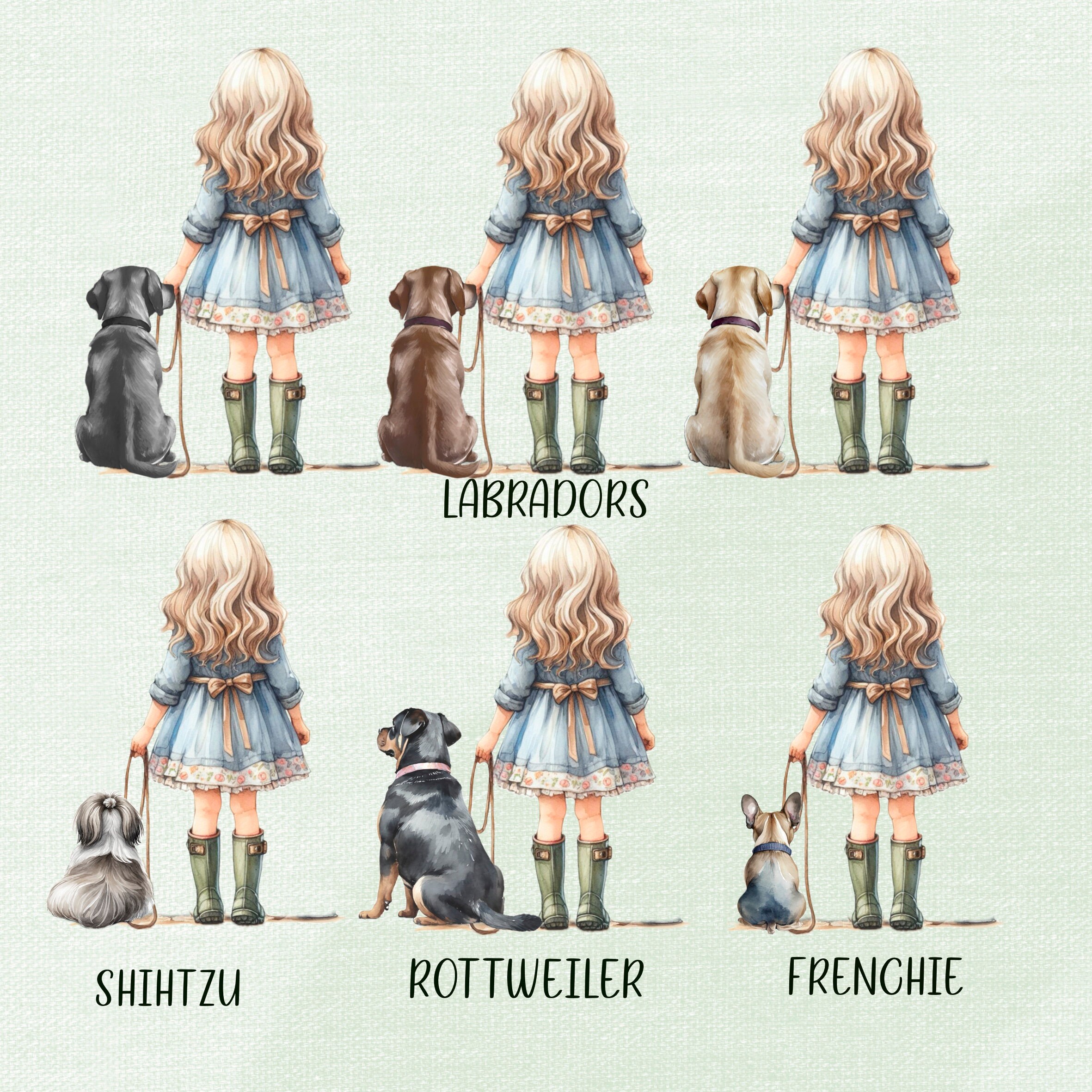 Beautiful Watercolour, Girl With Dog. Generic Mutt 8 Breeds. Hair ...