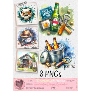 8 hermosos gráficos de acuarela; pesca, cerveza, fútbol. Ideal para el Día del Padre, cumpleaños, abuelos. 8 PNG. Sublimación, impresión
