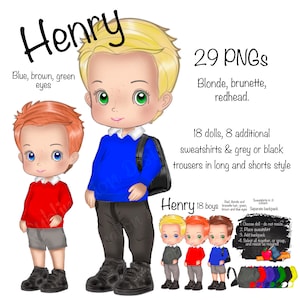 School Boy Chibi Clipart Set: 18 Dolls, Sweatshirts, Backpack (PNGs)