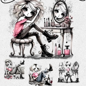 以下が含まれることがあります： さまざまなポーズをとった、気まぐれな女性のデジタルイラスト11点セット。女性は、大きな目と黒い髪を持つ漫画スタイルで描かれています。カジュアルな服装をし、メイク、化粧台、ワイングラスなど、さまざまな物に囲まれています。画像の上部には「11 Whimsical Women」というテキストがあります。画像の下部には「PLTHANDMADEBY ANDREA Sublimation Designs By Andrea」というテキストがあります。