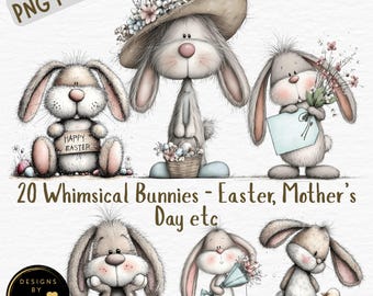 Paquete PNG de conejitos caprichosos / Clipart de conejitos de Pascua / Lindo conejo de primavera PNG / Arte infantil para el Día de la Madre / Descarga instantánea