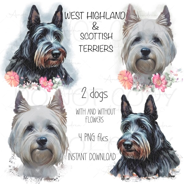 Cute Westie and Scottish Terrier dogs (Scotty).  2 dogs, with and without flowers. 4 PNG files. Sublimation or print. Instant download