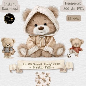 Pacchetto di clipart di orsetti di peluche con felpa ad acquerello - 20 file PNG PIÙ motivo senza soluzione di continuità - Download digitale immediato