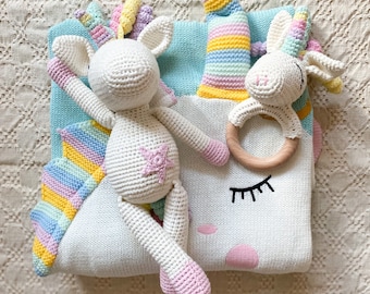 Unicorn blanket doll and rattle set / baby gift set / baby shower gift set / crochet unicorn / unicorn blanket /unicorn doll /unicorn rattle