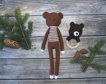 Teddy set handmade crochet teddy baby doll amigurumi and rattle/ baby toy gift/ stuffed animal/ hand crocheted/teddy rattle/teddy bear set