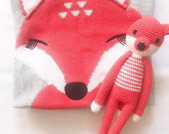 Baby blanket and crochet fox set / baby shower gift set / fox baby blanket / crochet fox / handmade gifts / fox / forest animal / amigurumi