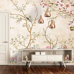 Chinoiserie Tapete Vögel Wandbild Blühender Baum mit Vögeln Abziehen und aufkleben entfernbare Tapeten