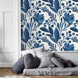 Floral wallpaper blue flowers Peel and stick self adhesive or Traditional accent wallpaper