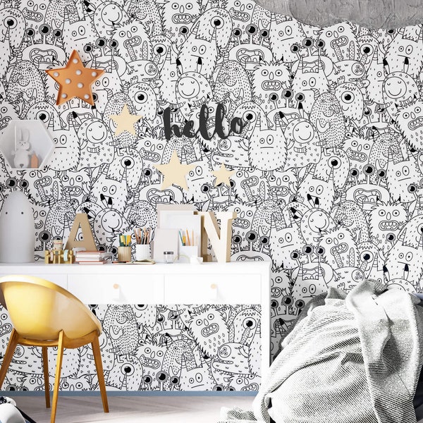 Kids wallpaper funny monsters Peel and stick removable or Traditional Boys room wallpaper