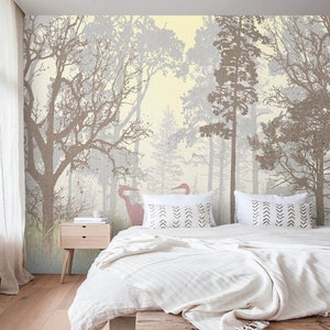 Foggy forest wall mural Peel and stick wallpaper removable or Traditional nature landscape Large wall mural