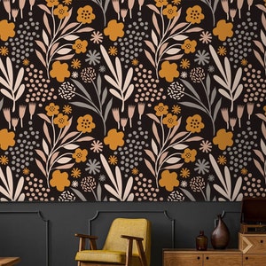 Dark abstract floral wallpaper Peel and stick removable or Traditional accent wallpaper