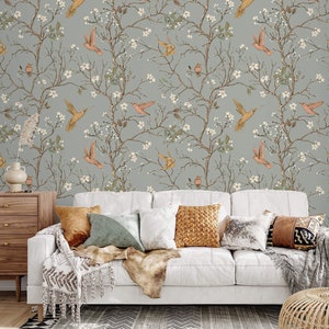 Wallpaper chinoiserie style with hummingbirds Peel and stick removable or Traditional wallpaper