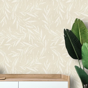 Botanical wallpaper neutral beige minimalist Peel and stick removable or Traditional wallpaper