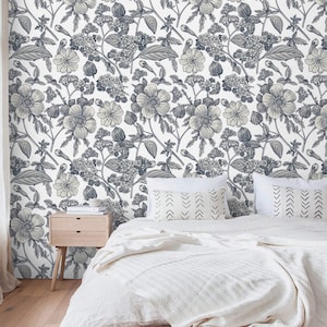 Floral wallpaper black and white botanical Peel and stick removable or Traditional wallpaper