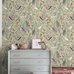 Botanical wallpaper with birds Peel and stick removable or Traditional accent wallpaper herbs flowers and leaves