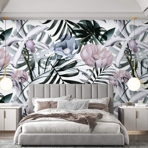 Tropical flowers wallpaper Peel and stick removable or Traditional wallpaper flowers and leaves