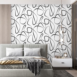 Abstract minimalist lines wallpaper black and white Peel and stick or Traditional accent wallpaper