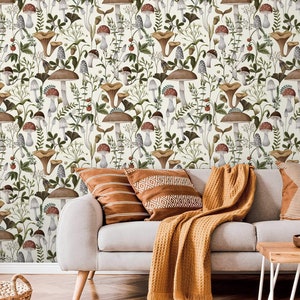 Wallpaper mushroom Peel and stick removable or Traditional wallpaper woodland forest botanical