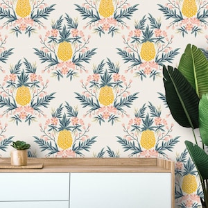 Tropical wallpaper pineapple Peel and stick removable or Traditional accent wallpaper exotic