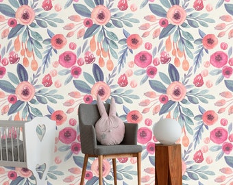 Floral wallpaper watercolor flowers Peel and stick removable or Traditional wallpaper