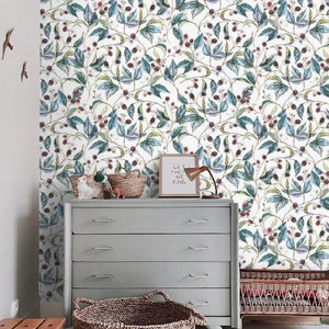 Botanical wallpaper Peel and stick or Traditional textured wallpaper leaves and berries