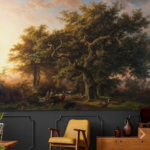 Rural landscape vintage wall mural | Scenic wallpaper old tree