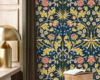 Papel de parede vintage floral escuro, adesivo removível, com detalhes botânicos.