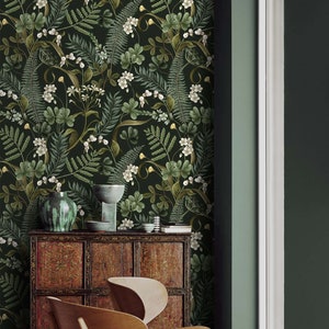 Dark botanical wallpaper herbs Peel and stick removable or Traditional textured wallpaper moody greenery