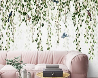 Botanische behang muurschildering wilgenbladeren en vogels tuin muurschildering